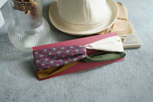 Papas Bow Tie wabisabi日式四色配色交叉鬆緊髮帶-昭和時代-灰粉紅