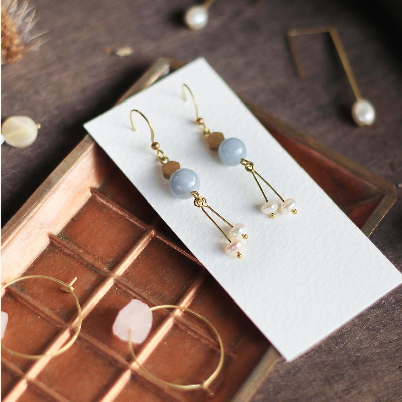 Natural Stone Geometric Brass Series Earrings - Blueberry Bubbles - Earrings & Clip-ons - Copper & Brass Blue