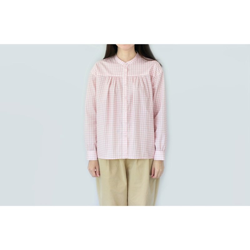 Pink gingham long-sleeved shirt - Women's Tops - Cotton & Hemp Pink