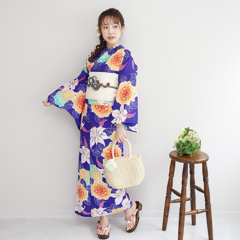 日本 和服 聚酯纖維 梭織 女性 浴衣 腰封 2件組 F x81-101b - 其他 - 其他人造纖維 藍色