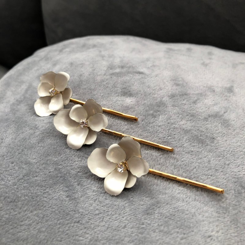 Bronze white flowers crystal hairpin group - Hair Accessories - Copper & Brass 