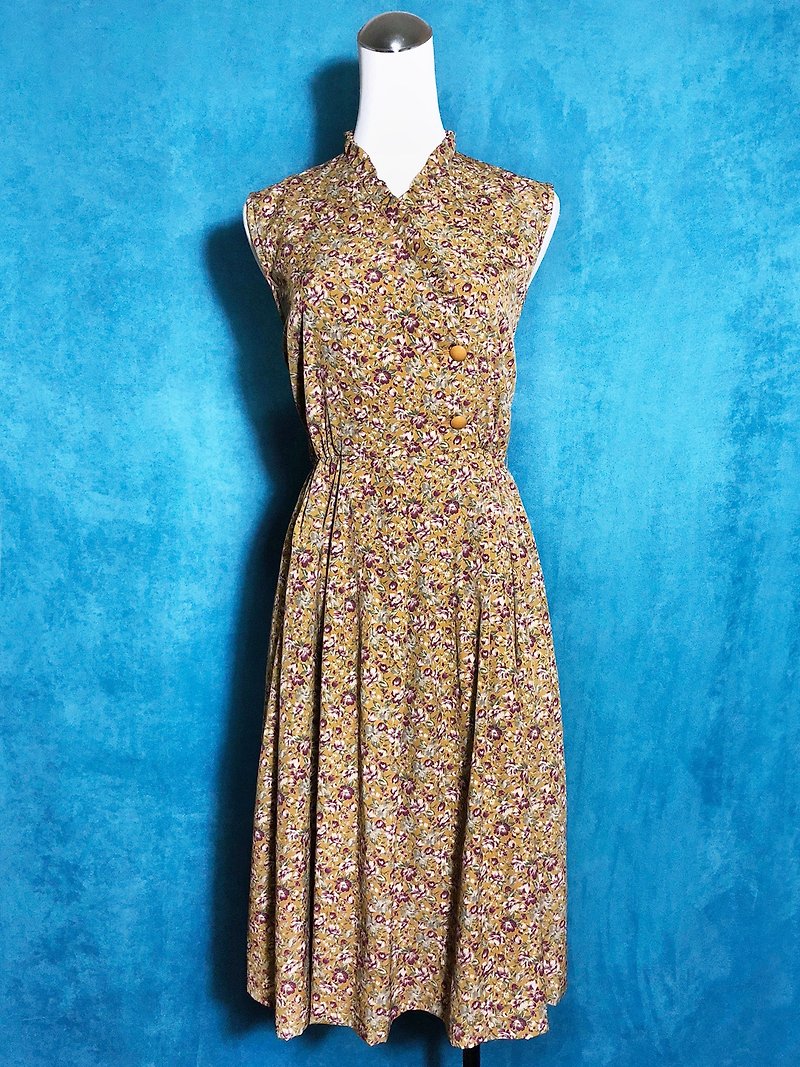 Side buckle flower ruffled sleeveless vintage dress / abroad to bring back VINTAGE - One Piece Dresses - Polyester Multicolor