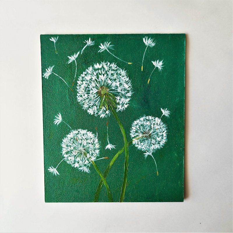 Small original painting with dandelions  Dandelion umbrellas original art 鮮花 掛畫 - ตกแต่งผนัง - อะคริลิค สีเขียว