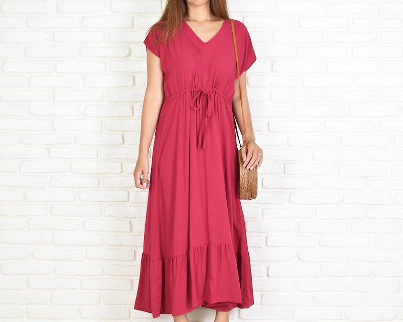 フレンチスリーブフリルワンピース - 連身裙 - 其他材質 紅色