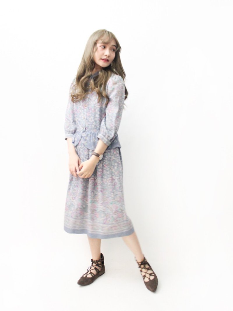 【RE1004D1467】早秋日本製復古典雅圖騰灰色七分袖古著洋裝 - 連身裙 - 聚酯纖維 灰色