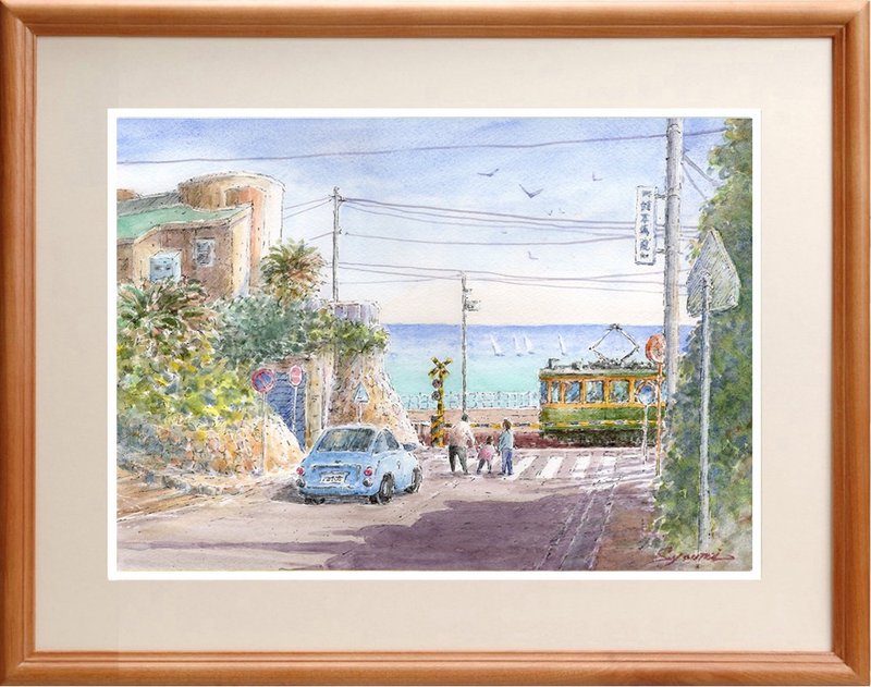水彩画原画　江ノ電・鎌倉高校前踏切16 - 海報/掛畫/掛布 - 紙 藍色