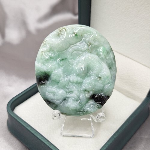 緣圓翡翠 冰綠飄花 天龍地虎 吊墜 牌件 | 天然緬甸玉A貨翡翠