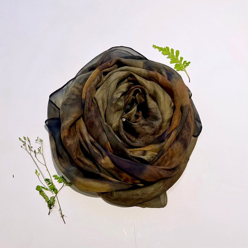 Floral and Leaf Transfer Printed Long Silk Scarf - Garo - Scarves - Silk Brown