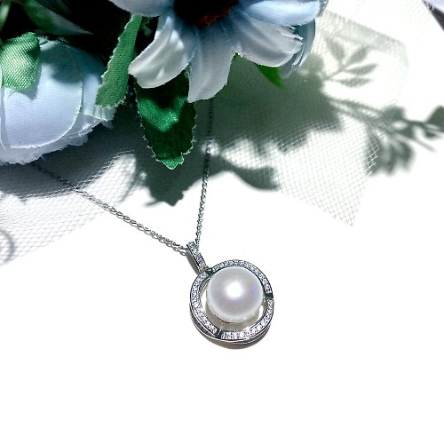 DoriAN純銀設計 手作純銀貴氣璀璨立體閃耀鋯石鑽石鑲邊珍珠純銀項鍊 珍珠項鍊