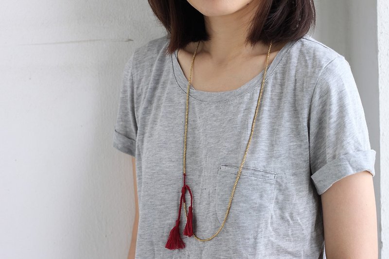 Tassel Necklaces Long Woven Beaded Brass Maroon Red - Necklaces - Cotton & Hemp Gold
