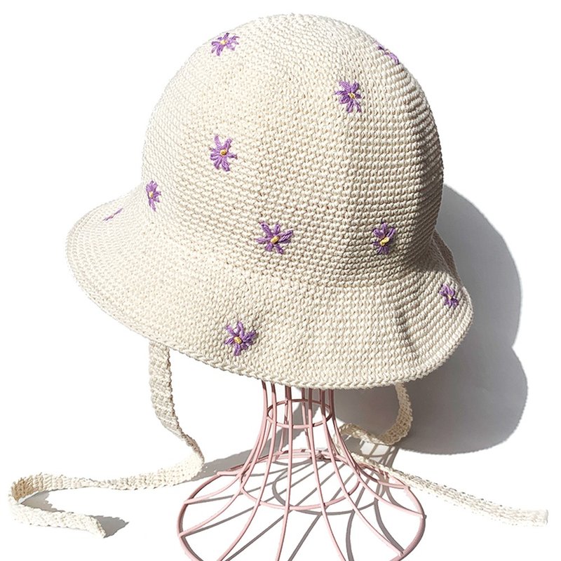 【クロシェハット】FLOWER刺繍 チューリップハット OFF×LAVENDER - 帽子 - 棉．麻 白色