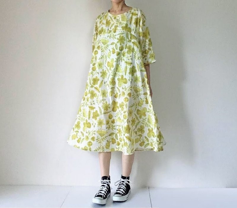 Flower and Butterfly Flare One Piece Dress Double Gauze Mustard Yellow - One Piece Dresses - Cotton & Hemp Yellow