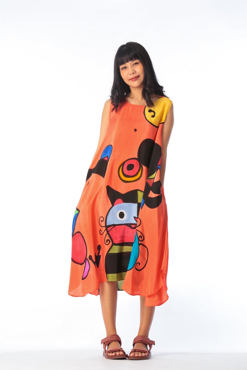 Dress Hand Paint Soft Cotton Silk for Yoga Vacation Holidays - 洋裝/連身裙 - 棉．麻 橘色