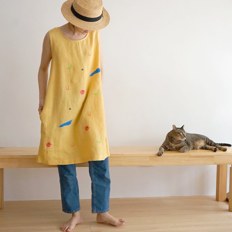 Planet Wave hand-printed linen yellow pocket dress is reissued this summer - One Piece Dresses - Cotton & Hemp Yellow