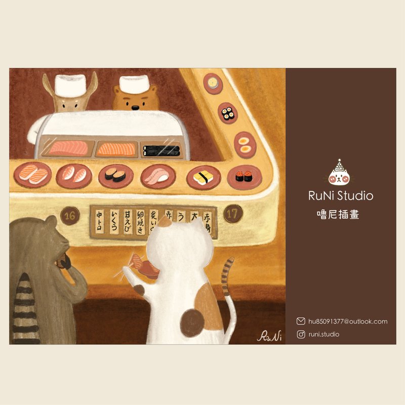 [Lunni Illustration] Conveyor Sushi|Postcard - Cards & Postcards - Paper White