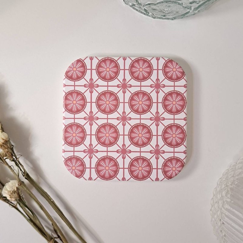 Retro tile coaster | Begonia red flower Yingge ceramic absorbent coaster (small square) - ที่รองแก้ว - ดินเผา 