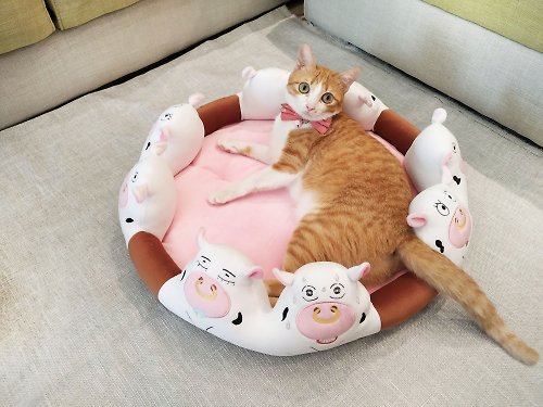Lucky Me 寵物設計 泡湯床墊- 泡湯的乳牛 涼墊組合 可拆式床墊