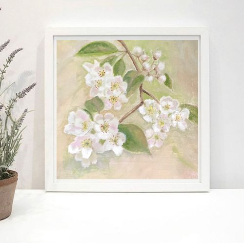 Alisa-Art Blooming pear artwork original oil painting handmade modern painting 6x6 inches