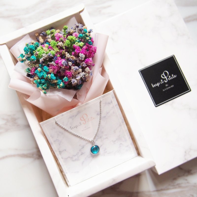 [Cloud stone gift box set] color dry star bouquet + sky blue round stone necklace - Necklaces - Other Materials Pink