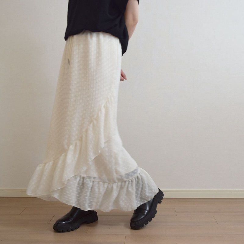 Cross frill maxi skirt dot off white made to order - Skirts - Polyester White