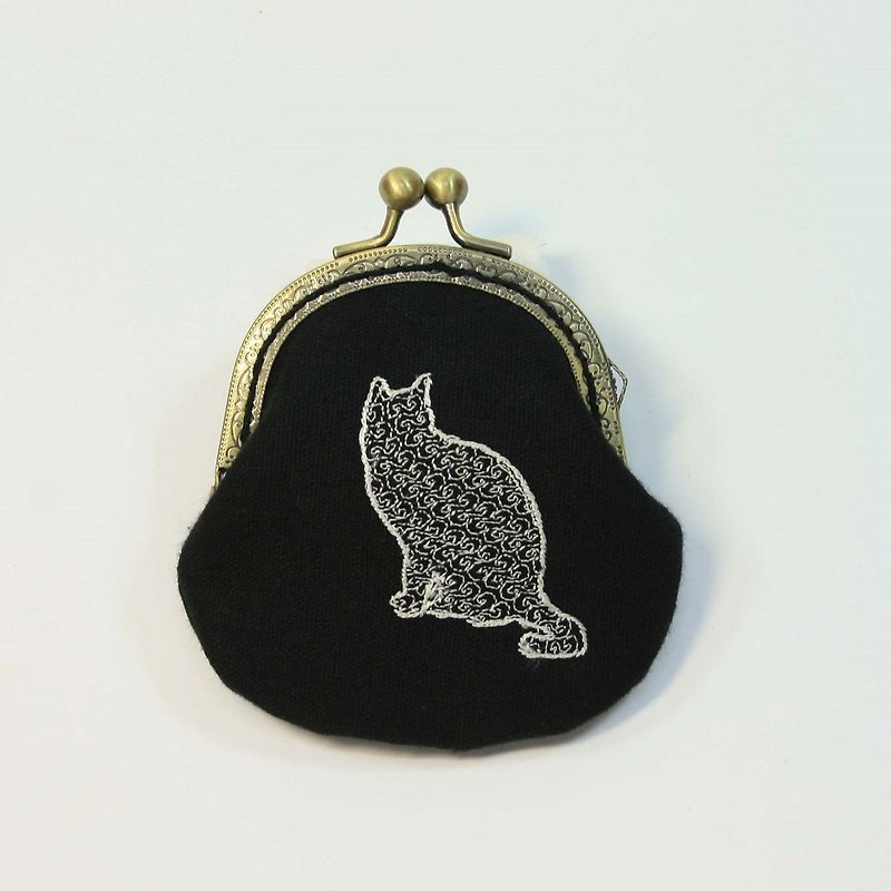 Embroidery 8.5cm mouth gold coin purse 32-cat gesture 03 - กระเป๋าใส่เหรียญ - ผ้าฝ้าย/ผ้าลินิน สีดำ