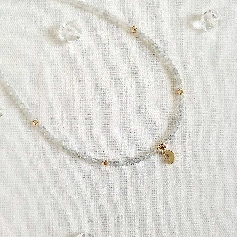 Labradorite Moon Charm Choker Necklace || 14K Gold Filled Beads and Clasp - Necklaces - Crystal Gray