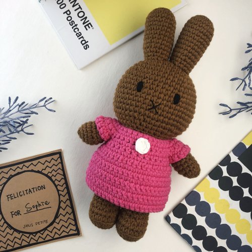 法國爸爸 x miffy 荷蘭Miffy米飛兔【melanie桃紅洋裝】手工鉤針純棉娃娃療癒玩偶