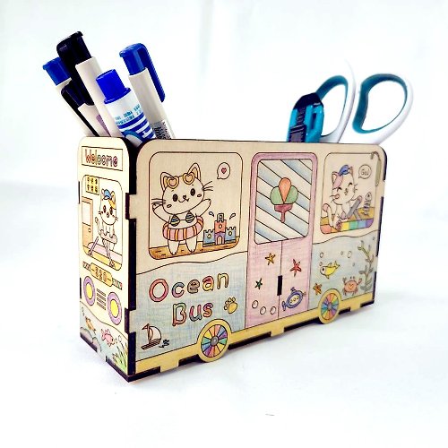 多加木 海洋喵巴士 筆筒 DIY 置物盒 收納盒 木