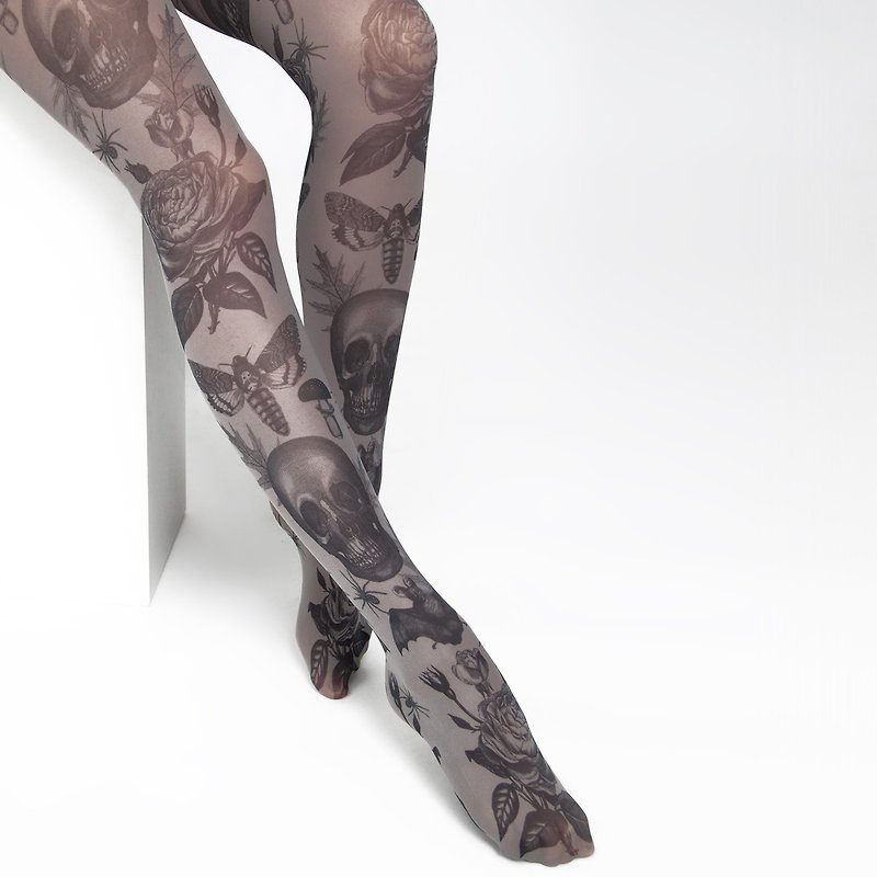 Gothic tights, pagan goth fashion outfit with skulls and roses - 內搭褲/緊身褲 - 尼龍 灰色