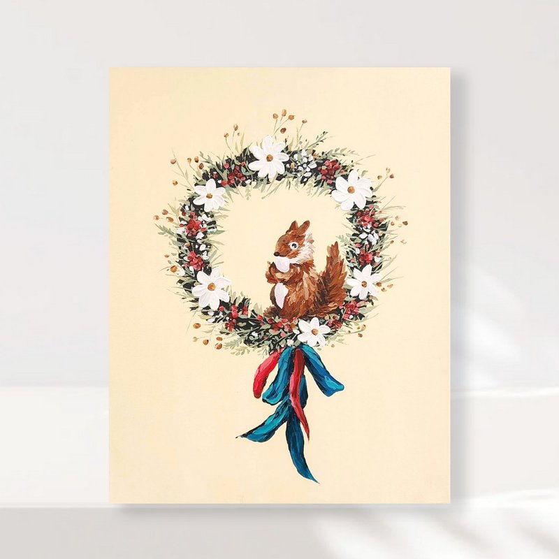 孵畫室│台中畫室│零基礎繪畫│刮刀畫│松鼠花圈 - 插畫/繪畫/寫字 - 棉．麻 