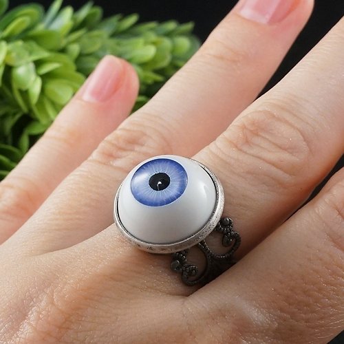 AGATIX Lilac Blue Human Eye Evil Eye Silver Adjustable Protection Amulet Ring Jewelry