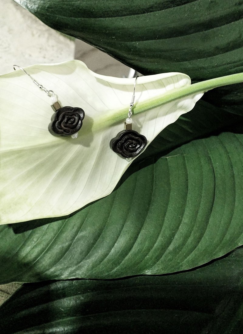 香味黑檀木祥雲925純銀鍍白金耳針耳環連禮盒 - 耳環/耳夾/耳骨夾 - 木頭 黑色