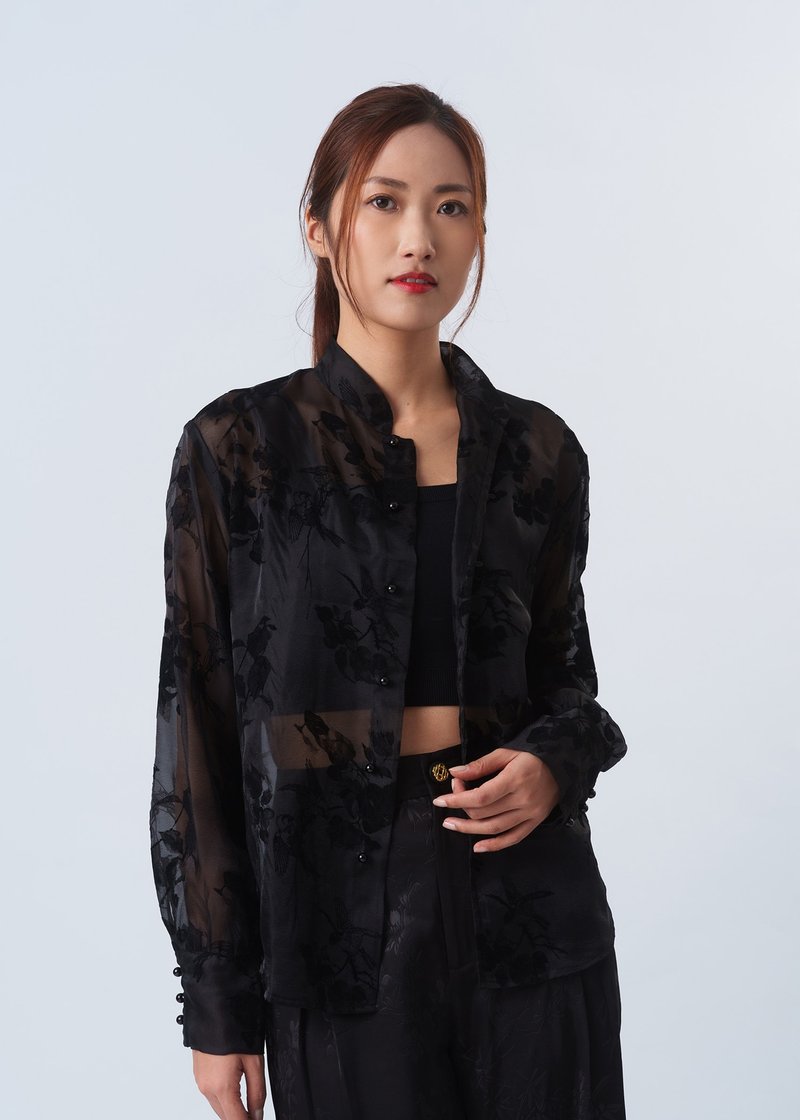 Floral Print Sheer Tang Shirt (Black) - กี่เพ้า - วัสดุอื่นๆ สีดำ