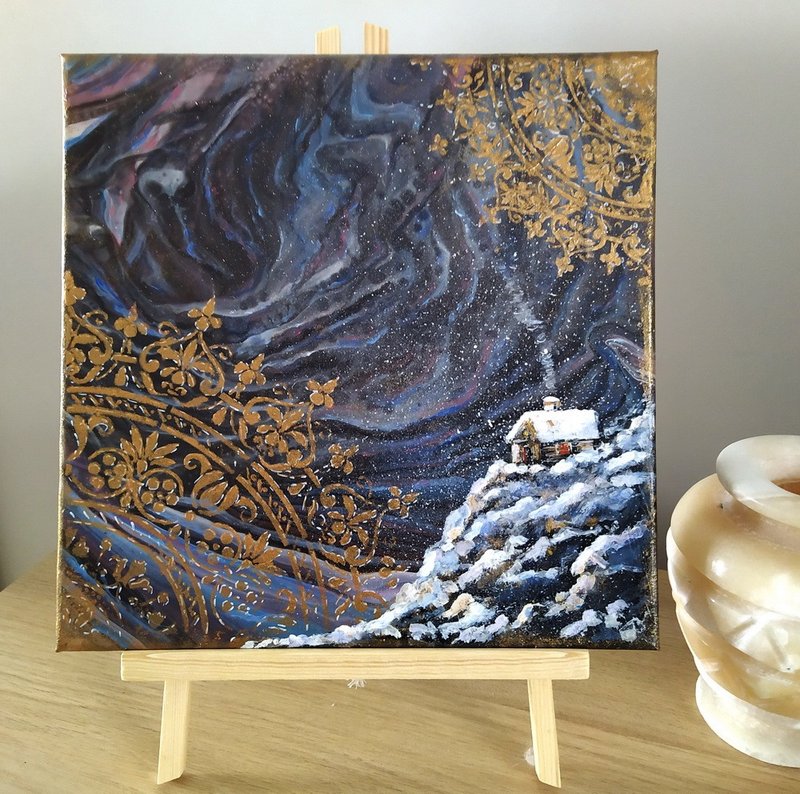 Original acrylic painting fluid art Small House Winter Night Scene wall décor - 壁貼/牆壁裝飾 - 其他材質 多色