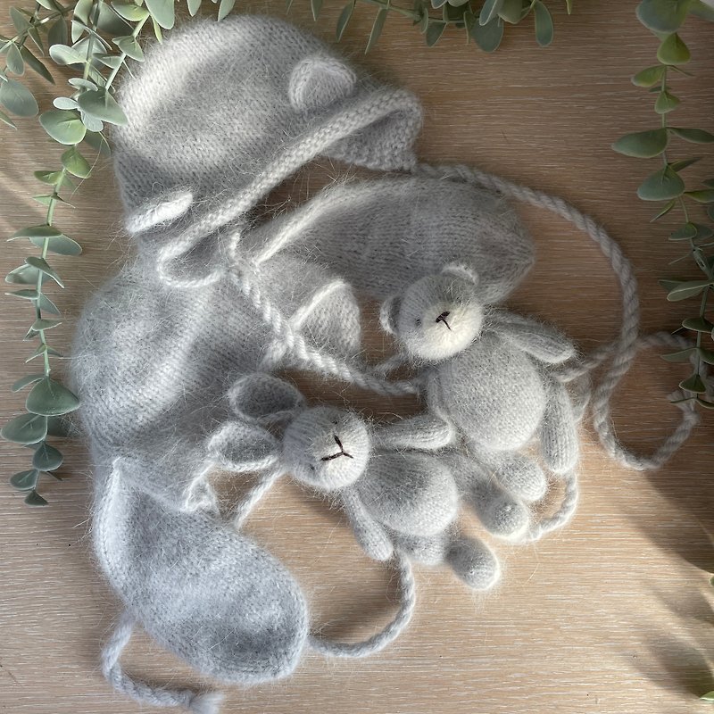 Mini bear toy for a newborn photo shoot, Newborn angora bear bonnet - Kids' Toys - Wool Gray