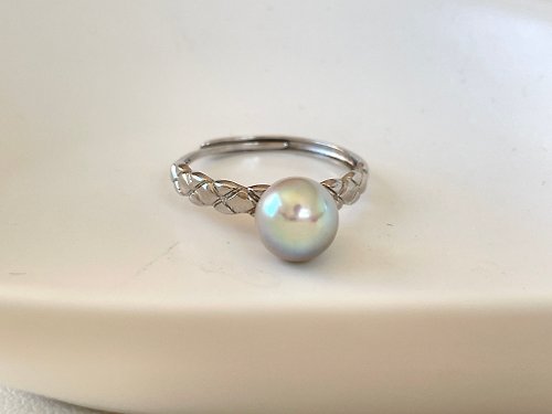 Athena珍珠設計 菱格 天然海水珍珠 akoya 真多麻 純銀 戒指