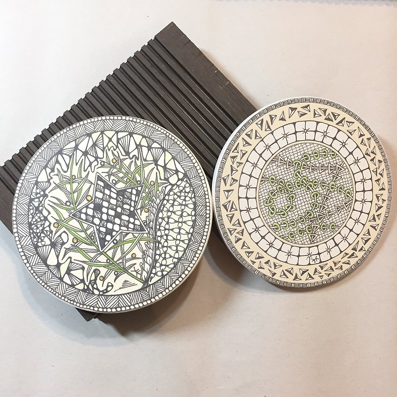Ceramic Art Coaster/ Greenery Duo Set - Coasters - Pottery Green