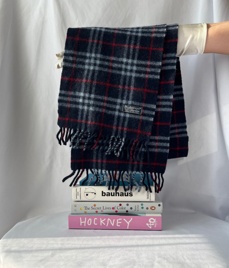 Burberry dark blue classic plaid tassel scarf Japanese medieval Vintage - ผ้าพันคอถัก - ขนแกะ สีน้ำเงิน