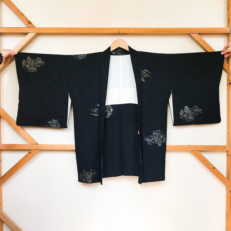 Kimono / Black Haori (Pine Trees and Mountains) - Women's Casual & Functional Jackets - Silk Black