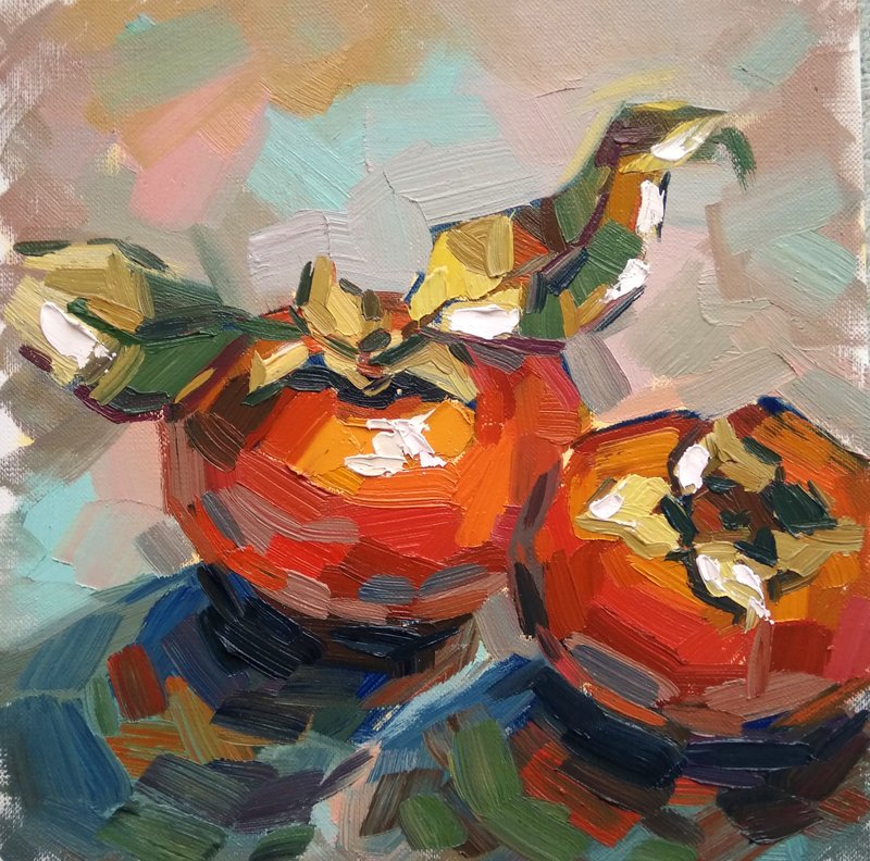 Persimmon Art Fruit Original Painting Small Wall Art Kitchen 20x20 cm - โปสเตอร์ - กระดาษ หลากหลายสี