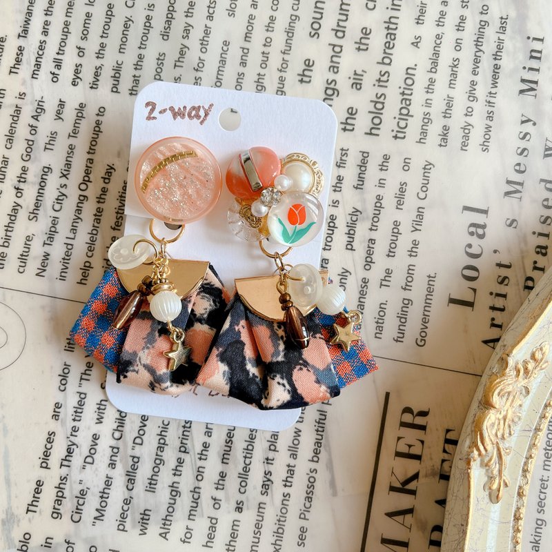 wow Handmade-裙擺裡的秘密 緞帶 2way鈕扣耳環 - 耳環/耳夾/耳骨夾 - 其他材質 