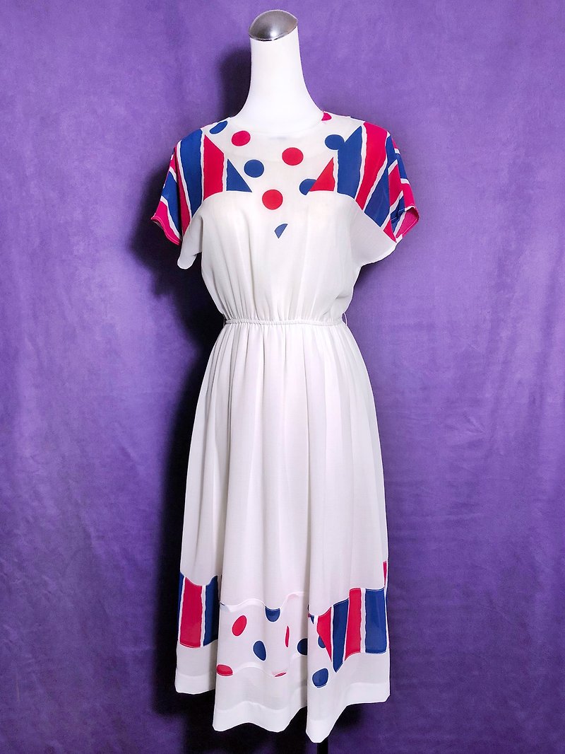 幾何圖形古著洋裝/ 國外帶回 VINTAGE - 連身裙 - 聚酯纖維 白色