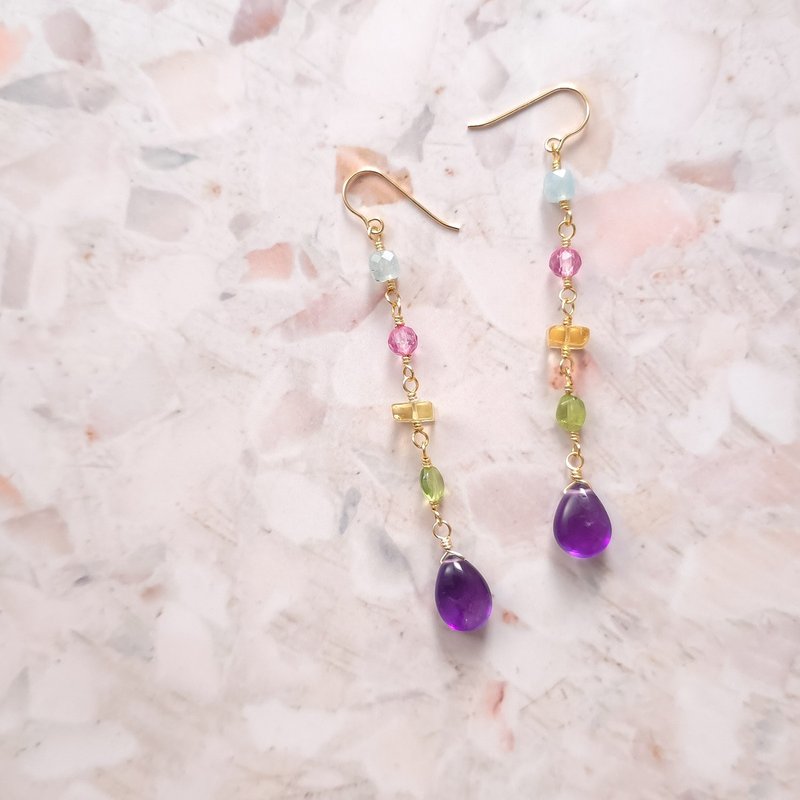 14k gold filled amethyst aquamarine pink topaz citrine peridot pierced Clip-On - ต่างหู - เครื่องประดับพลอย สีม่วง