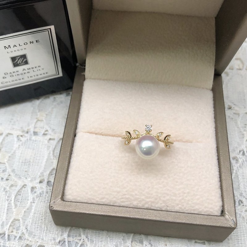 18K Gold Jade Leaf Japanese Akoya Seawater Pearl Ring - แหวนทั่วไป - ไข่มุก หลากหลายสี