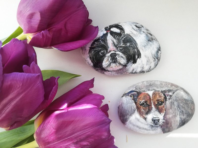 Stone painting, Custom dog stone, Original painting stone - 客製化寵物商品 - 其他材質 銀色