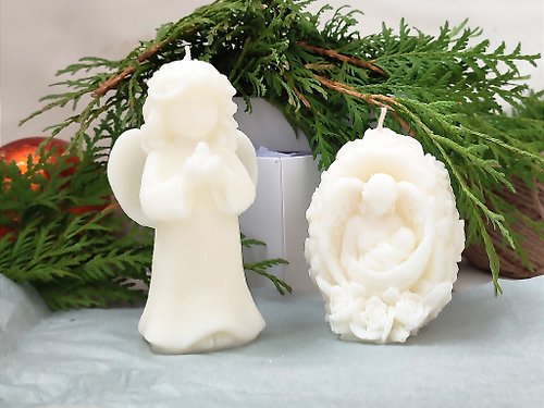 VLDWoodStudio Christmas Angel Virgin Mary Statue Candles Set Soy Wax