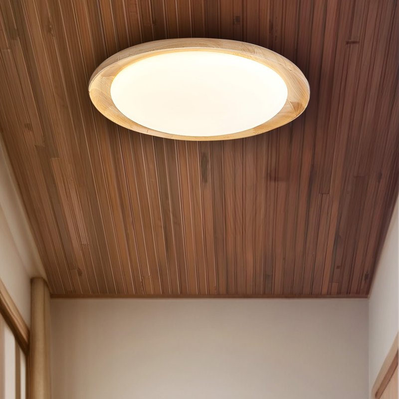 Taisho retro Western style North American oak ceiling lamp handmade by craftsmen with three-stage color temperature switching 394LC - โคมไฟ - ไม้ สีกากี