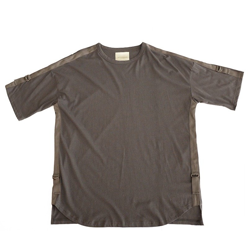 Ribbon-accentuated Drop-shoulder Loose-fit T-shirt - เสื้อยืดผู้ชาย - ผ้าฝ้าย/ผ้าลินิน สีเทา