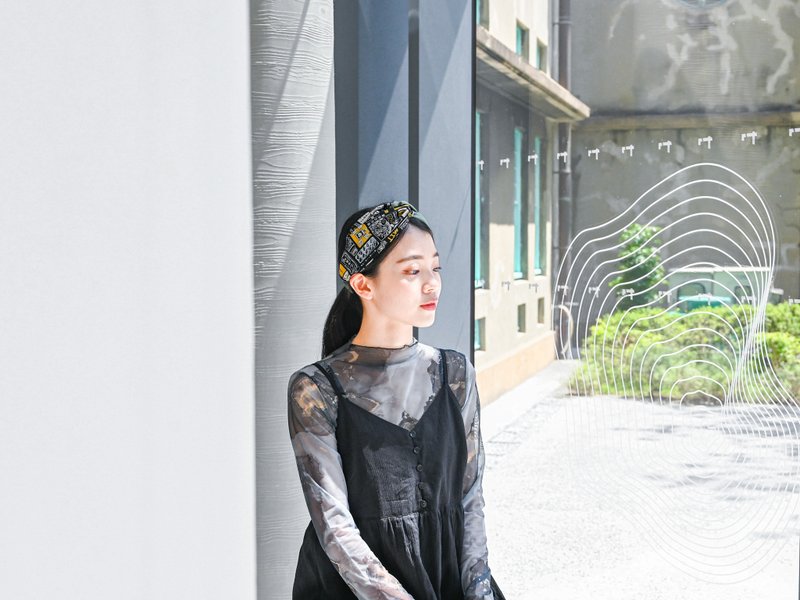 雙拼髮帶 / 黑白花油 - 湖綠 - 髮箍/髮帶 - 棉．麻 綠色