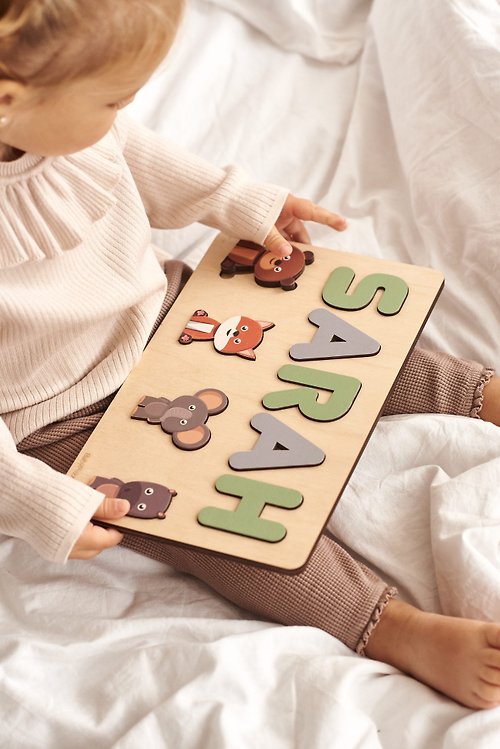 BabyPuzzleStudio Customized Gift Busy Board, Personalized Name Puzzle with Animals, Newborn Gift